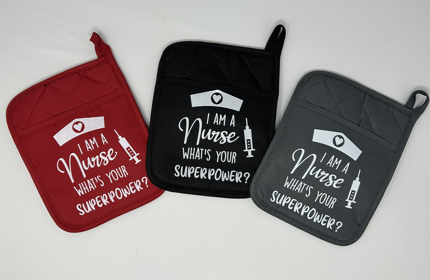 Potholder Mitt, 8.5x6.75 in. - I am a Nurse What's Your Superpower- Red, Black & Gray