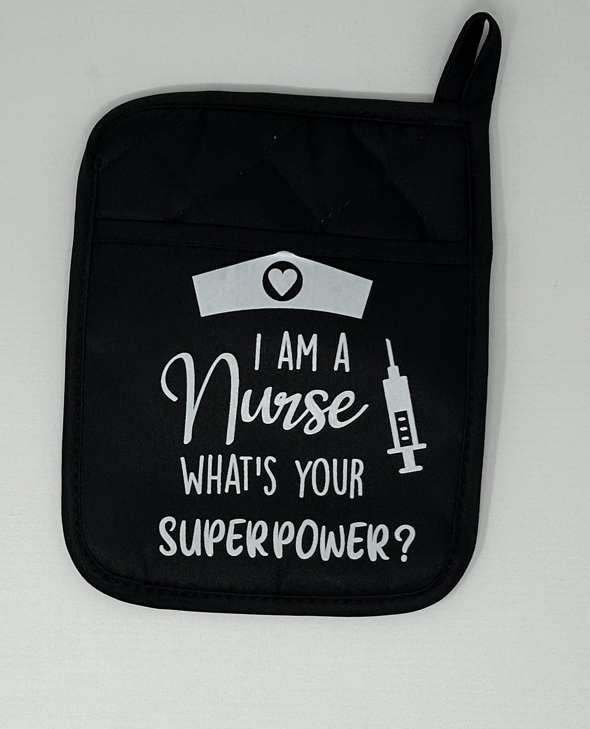 Potholder Mitt, 8.5x6.75 in. - I am a Nurse What's Your Superpower- Red, Black & Gray
