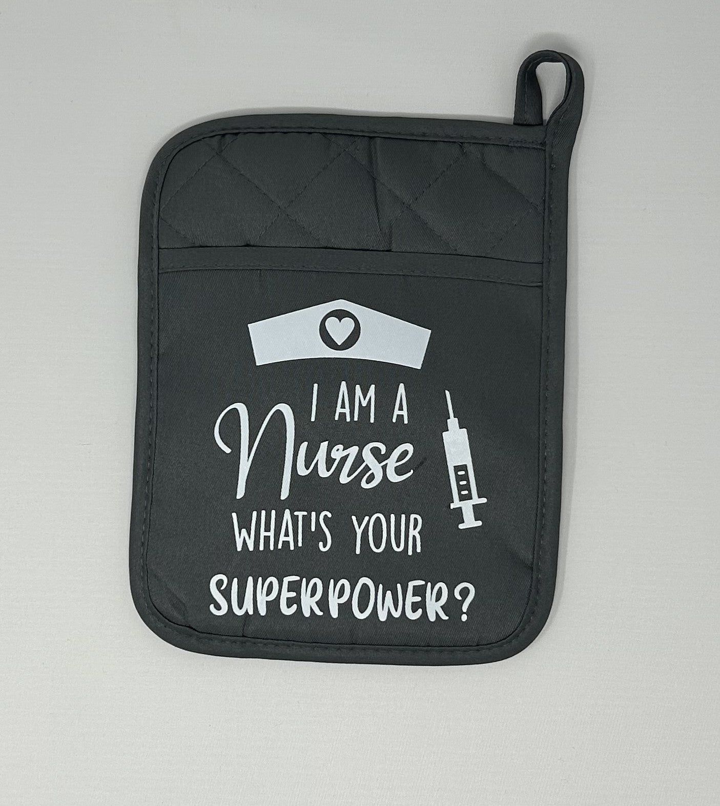 Potholder Mitt, 8.5x6.75 in. - I am a Nurse What's Your Superpower- Red, Black & Gray