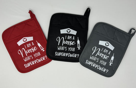 Potholder Mitt, 8.5x6.75 in. - I am a Nurse What's Your Superpower- Red, Black & Gray