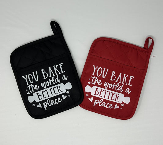 Potholder Mitt, 8.5x6.75 in. - You Bake the World a Better Place- Red & Black