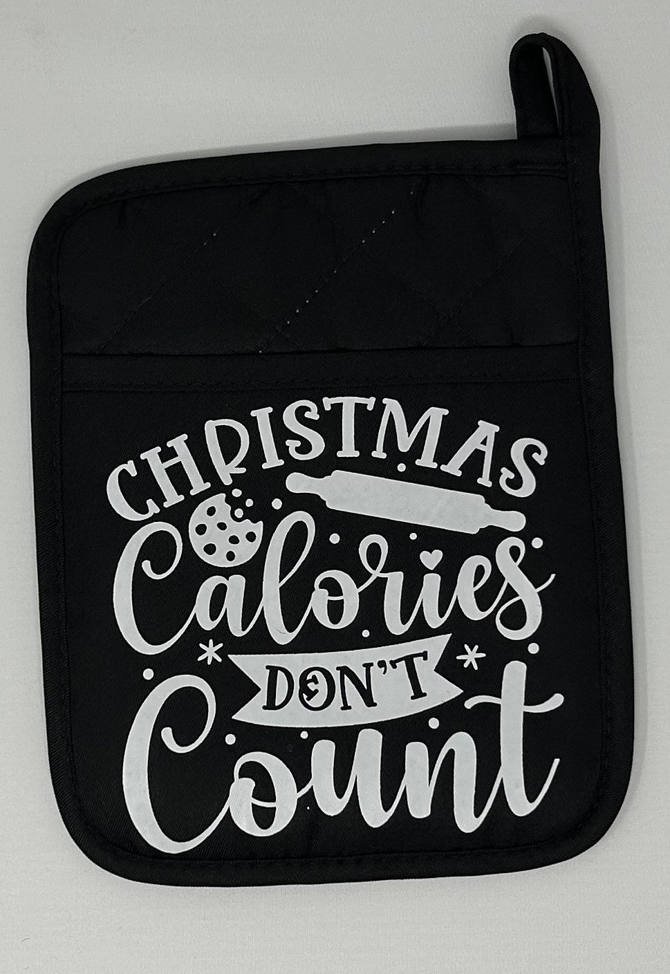 Potholder Mitt, 8.5x6.75 in. - Christmas Calories Don't Count- Black & Slate Blue