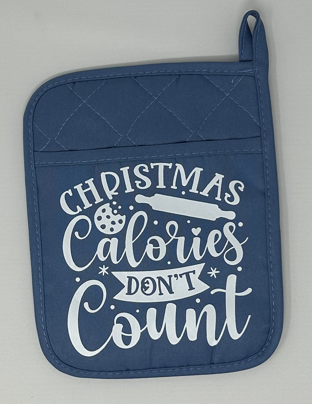 Potholder Mitt, 8.5x6.75 in. - Christmas Calories Don't Count- Black & Slate Blue